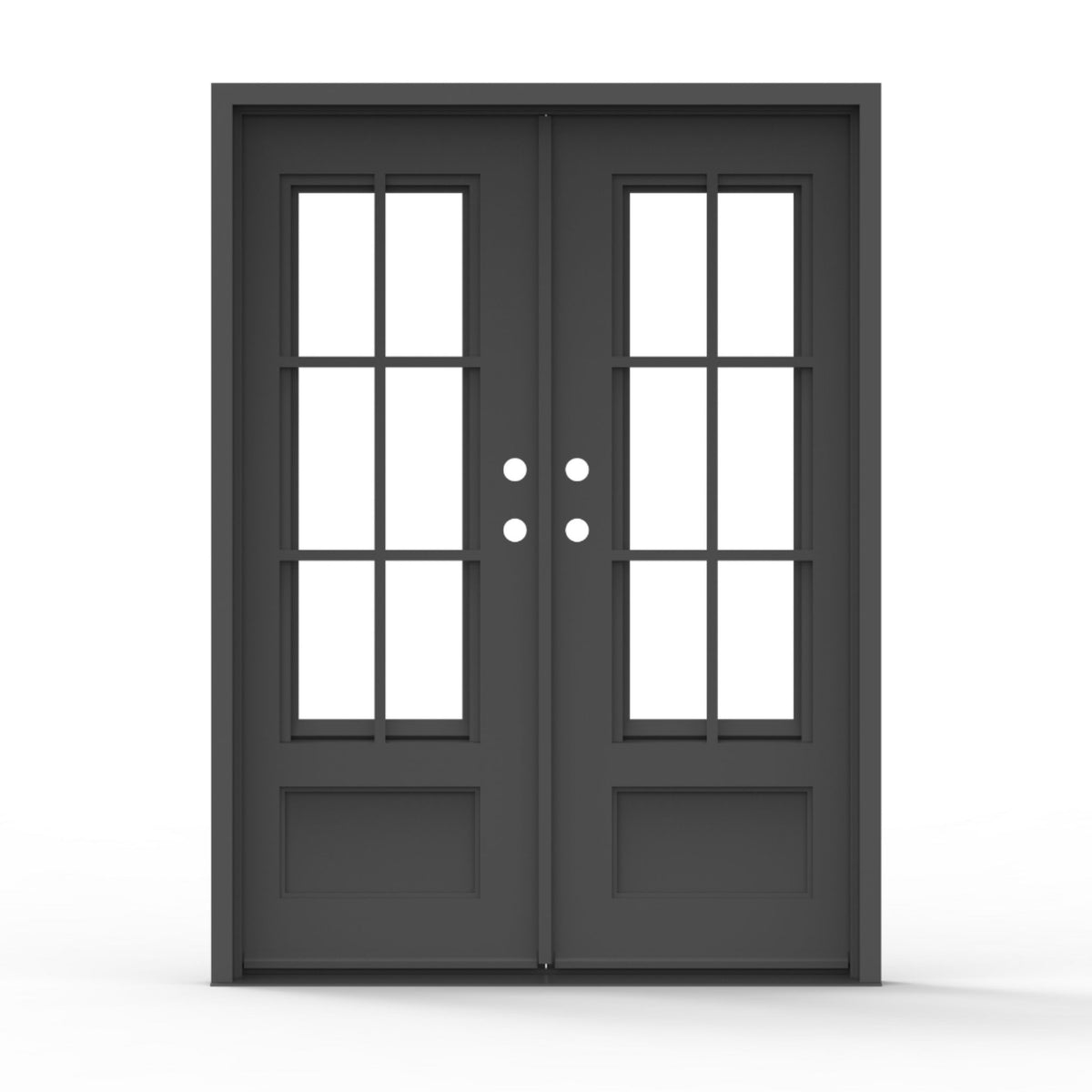 Artigiano double wrought iron entry door 72x96 inches, matte black finish with thermal break construction, 6-lite clear glass grid panels and raised bottom panel on both doors
