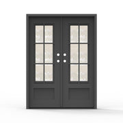 Artigiano double steel entry door 60x80 inches overall unit size, matte black finish with 9-lite screen glass grid panels and raised bottom panels, compact double door configuration