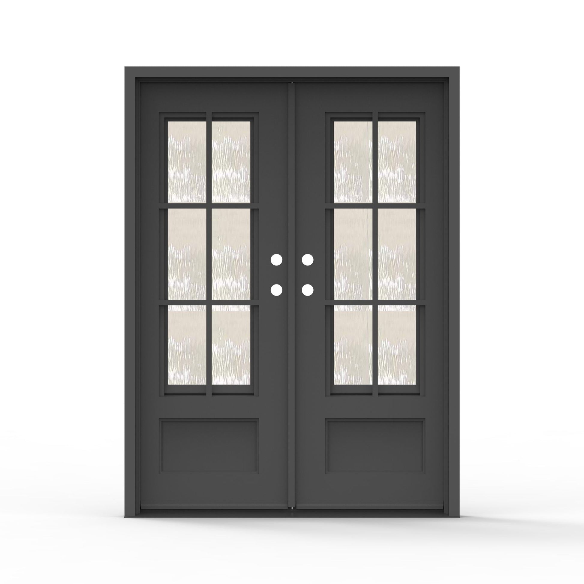 Artigiano double steel entry door 60x80 inches overall unit size, matte black finish with 9-lite screen glass grid panels and raised bottom panels, compact double door configuration