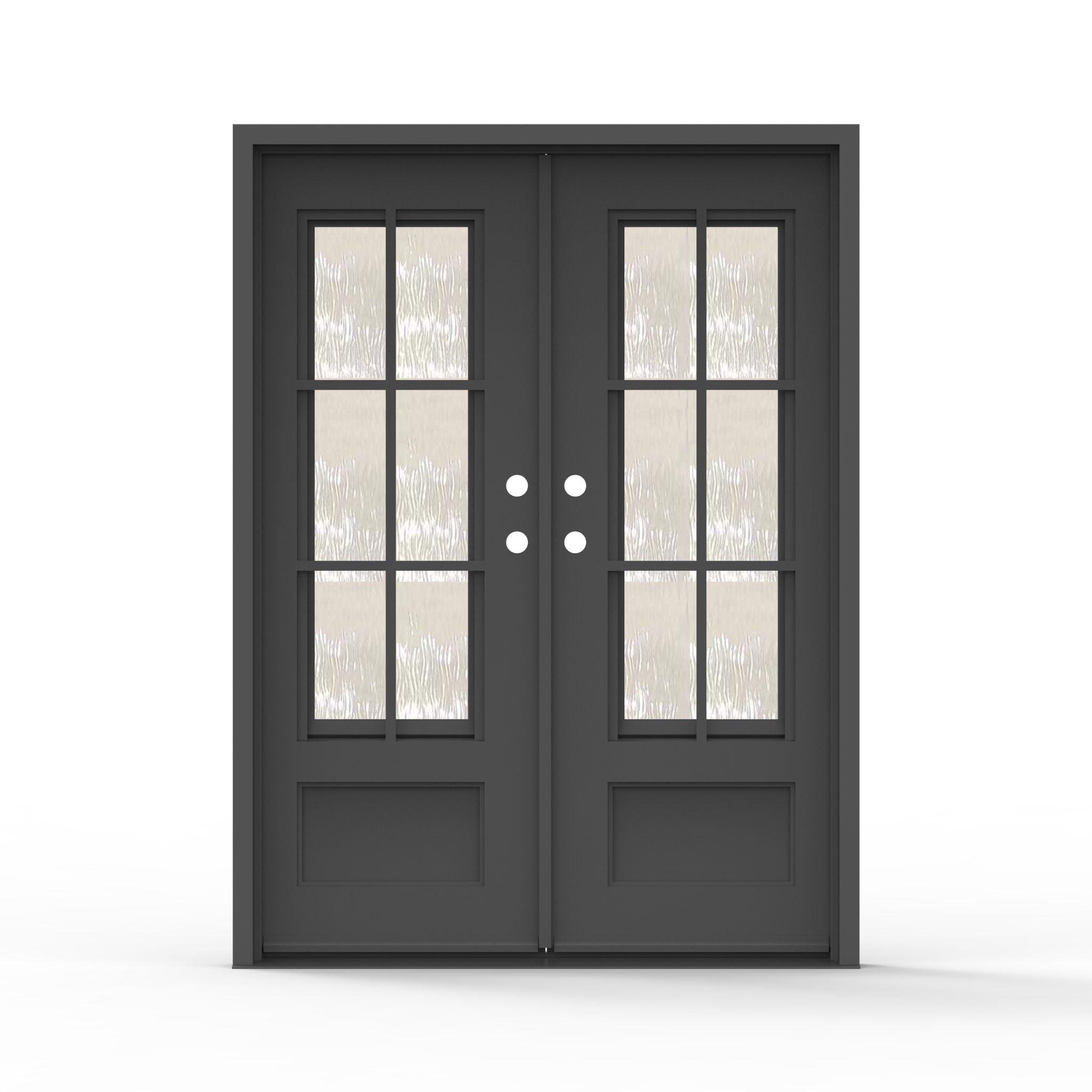 Artigiano double steel entry door 60x80 inches overall unit size, matte black finish with 9-lite screen glass grid panels and raised bottom panels, compact double door configuration