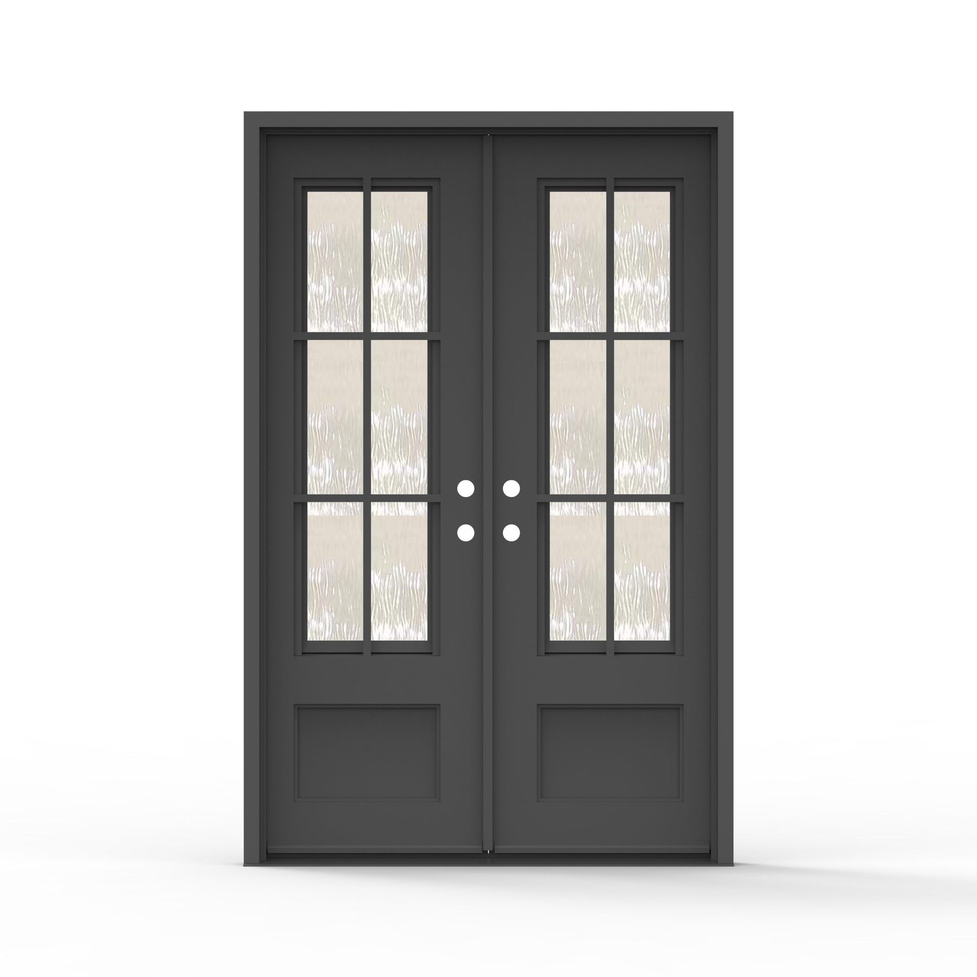 Artigiano double steel entry door 60x92 inches overall unit size, matte black finish with 9-lite screen glass grid panels and raised bottom panels, wider frame profile on both doors
