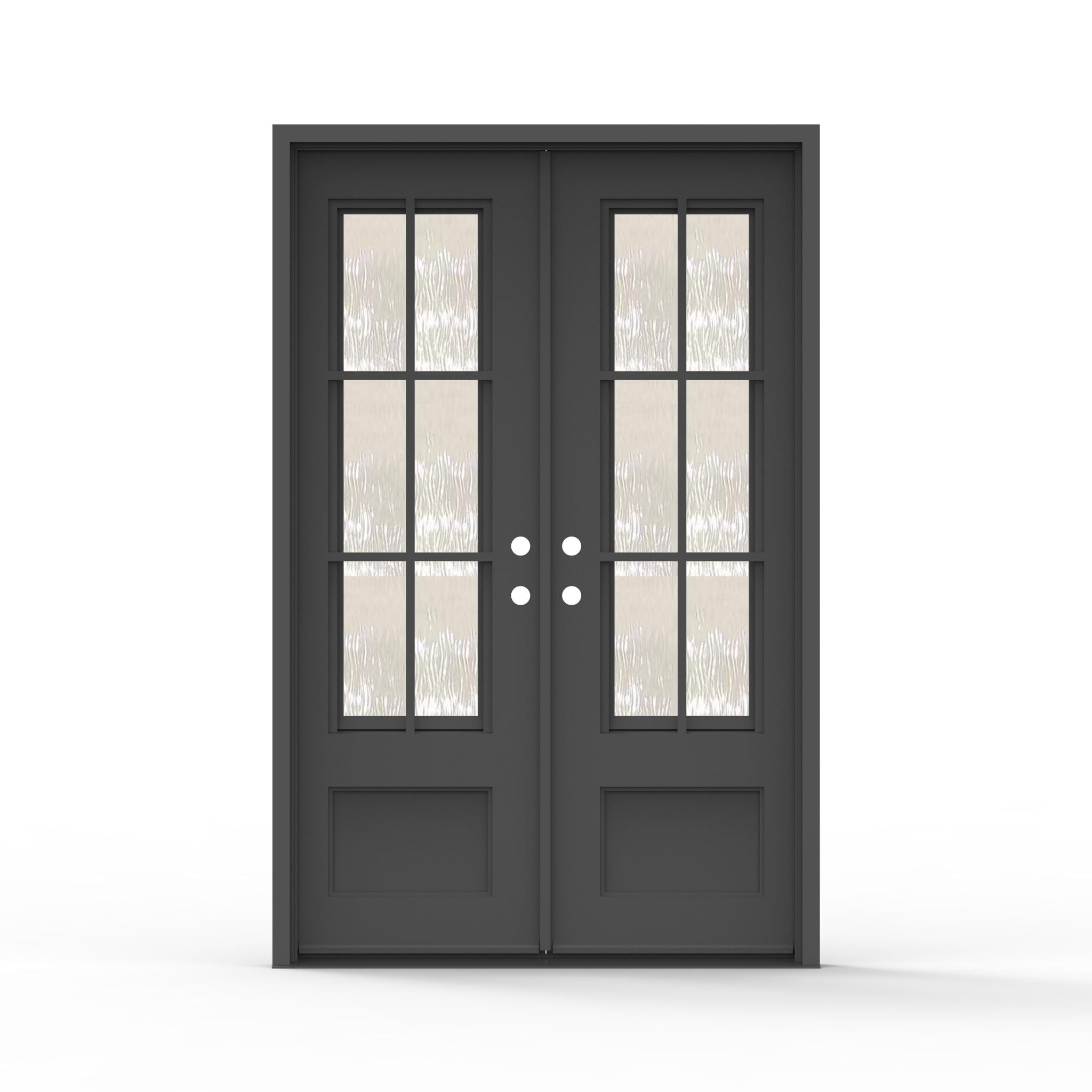 Artigiano double steel entry door 60x92 inches overall unit size, matte black finish with 9-lite screen glass grid panels and raised bottom panels, wider frame profile on both doors