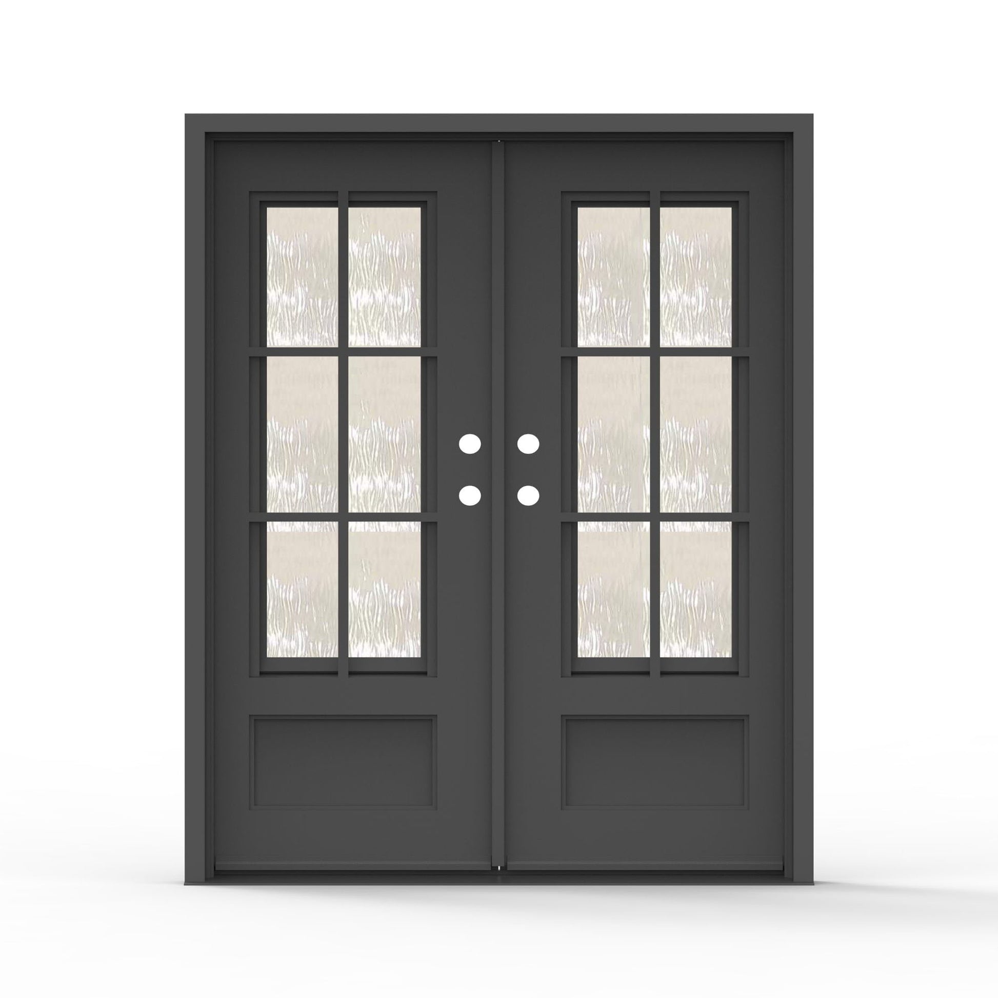 Artigiano double steel entry door 64x80 inches, matte black finish with 9-lite screen glass grid panels and raised bottom panels on both doors, wide frame double door configuration