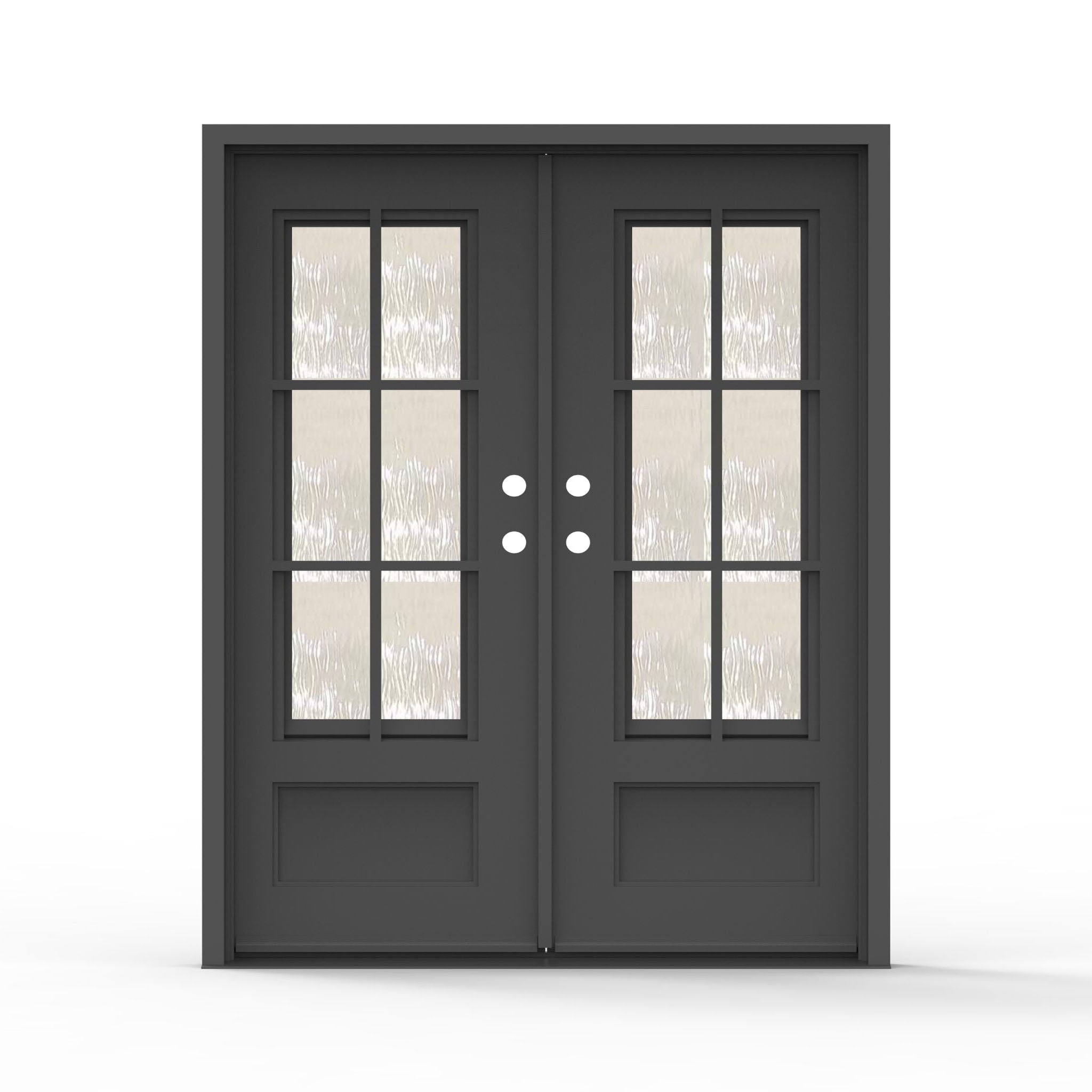 Artigiano double steel entry door 64x80 inches, matte black finish with 9-lite screen glass grid panels and raised bottom panels on both doors, wide frame double door configuration