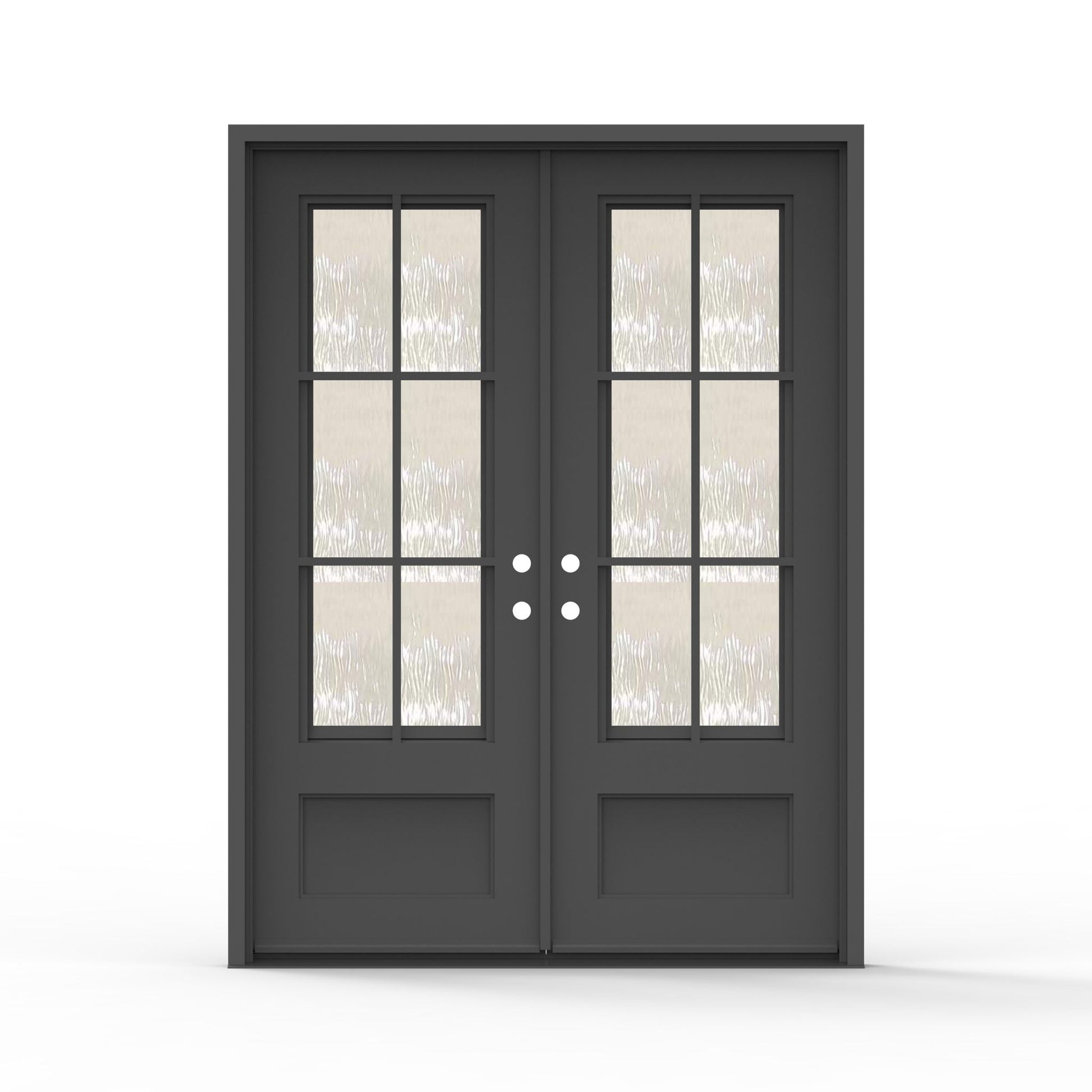 Artigiano double steel entry door 72x96 inches overall unit size, matte black finish with 9-lite screen glass grid panels and raised bottom panels on both doors