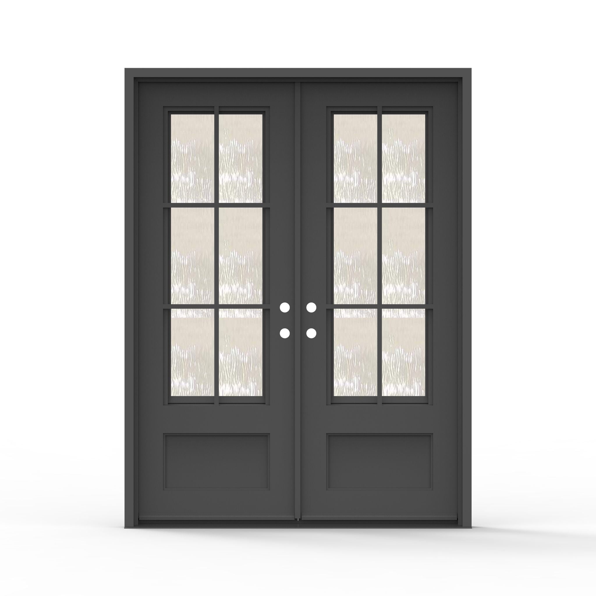 Artigiano double steel entry door 72x96 inches overall unit size, matte black finish with 9-lite screen glass grid panels and raised bottom panels on both doors