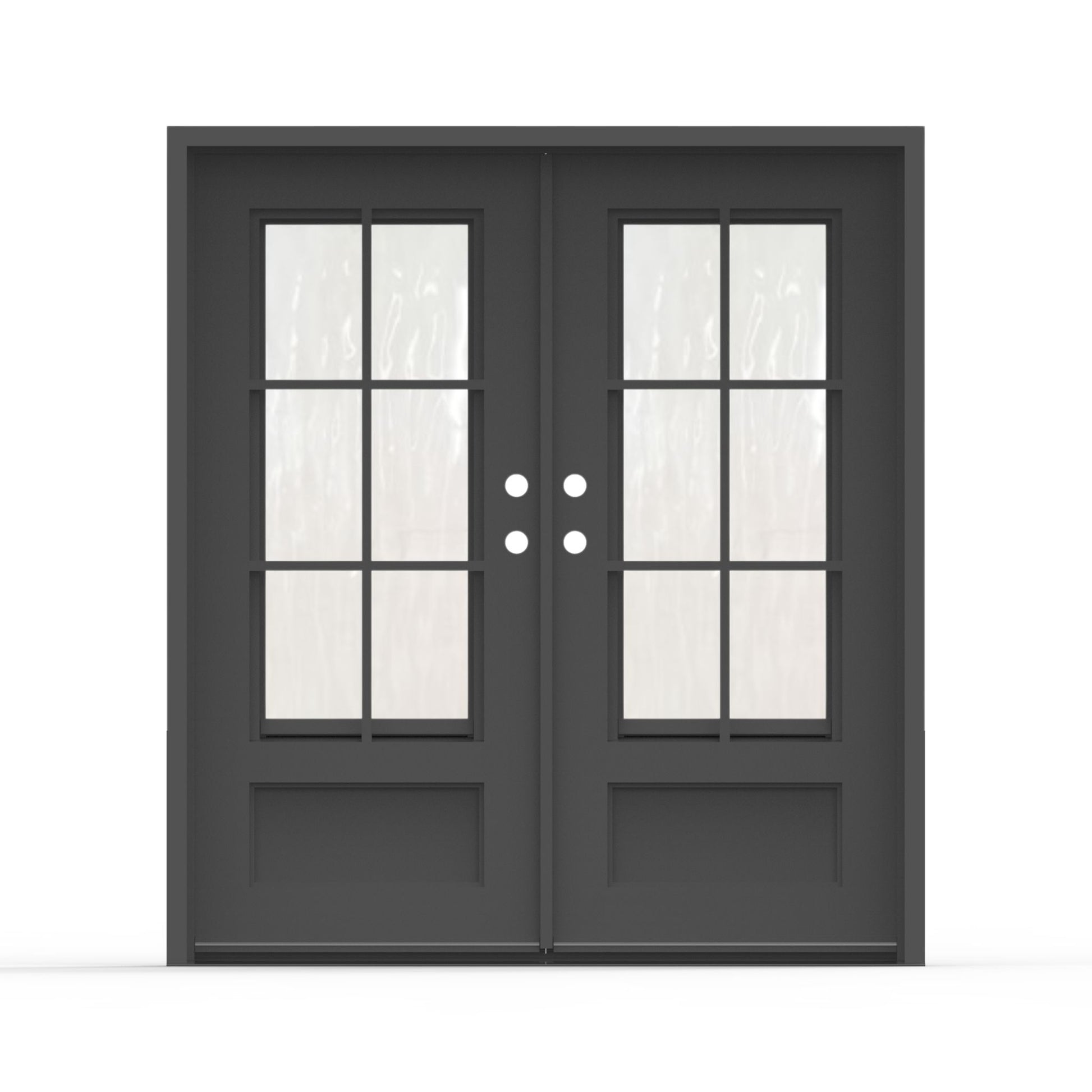 Artigiano wrought iron entry door, 72x80 inches, matte black finish with 6-lite Flemish glass grid panels and raised bottom panels, left-hand inswing double door configuration