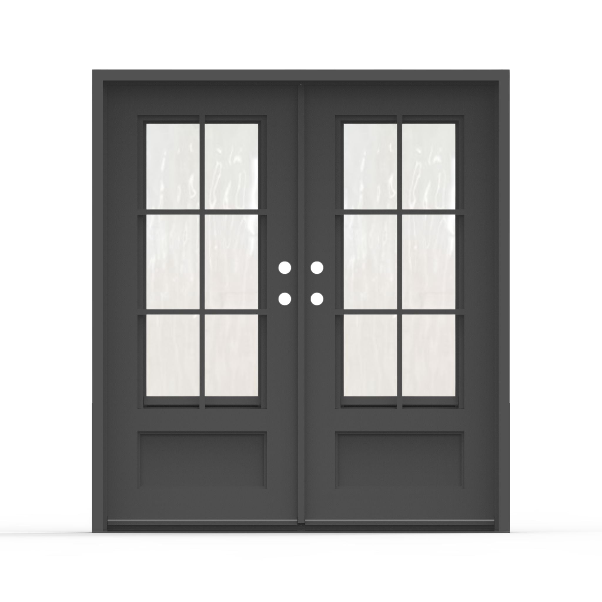 Artigiano wrought iron entry door, 72x80 inches, matte black finish with 6-lite Flemish glass grid panels and raised bottom panels, left-hand inswing double door configuration
