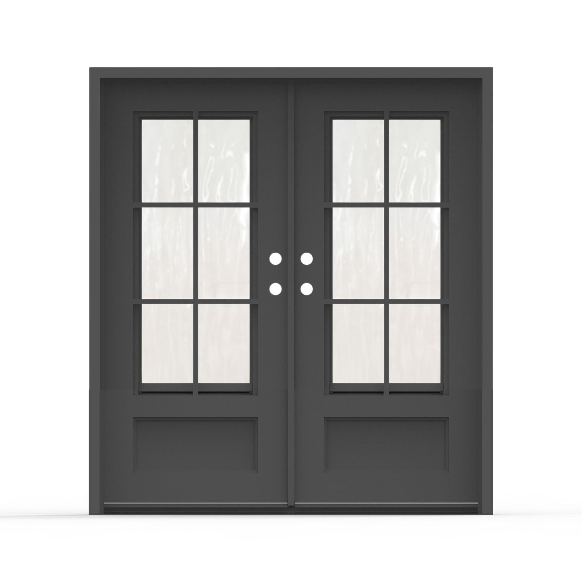 Artigiano wrought iron entry door, 72x80 inches, matte black finish with 6-lite Flemish glass grid panels and raised bottom panels, right-hand inswing double door configuration
