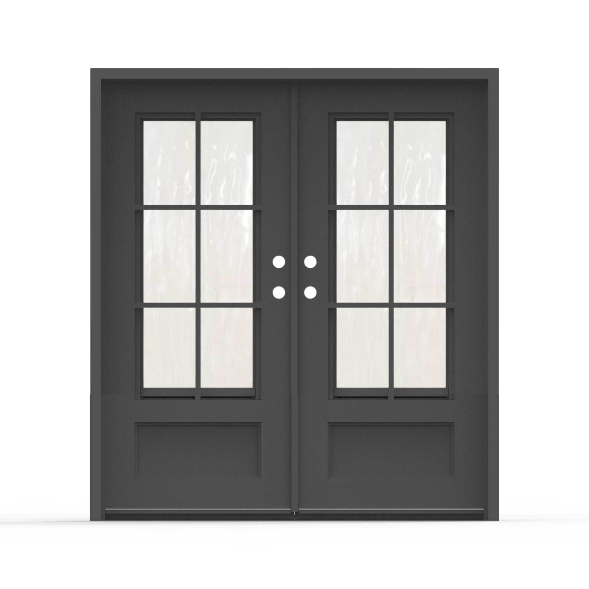Artigiano wrought iron entry door, 72x80 inches, matte black finish with 6-lite Flemish glass grid panels and raised bottom panels, right-hand inswing double door configuration