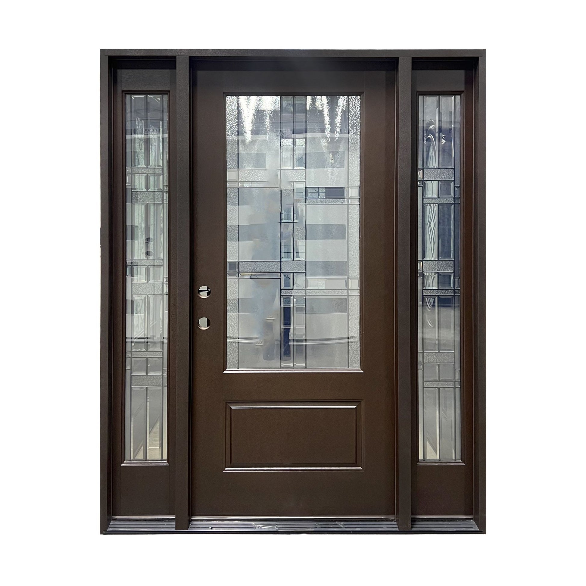 brilliance fiberglass door, brown, decorative glass, sidelites