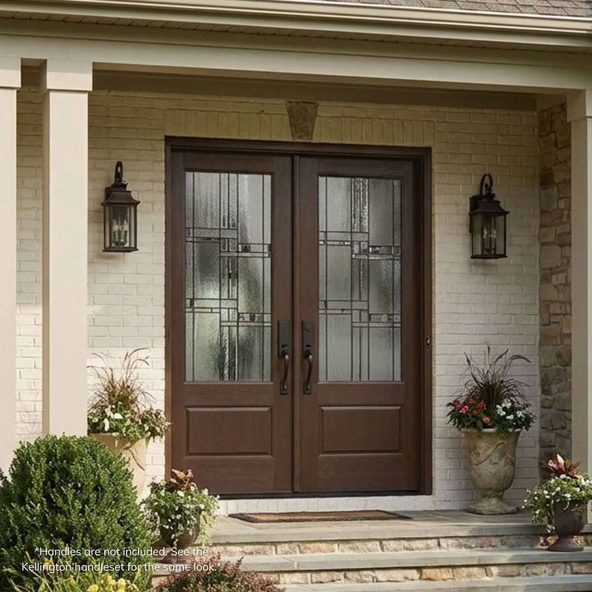 Brilliance fiberglass double entry door in a walnut wood-grain finish, featuring full-lite decorative glass panels with a modern geometric grid pattern, installed on a brick home with matching wall lanterns.