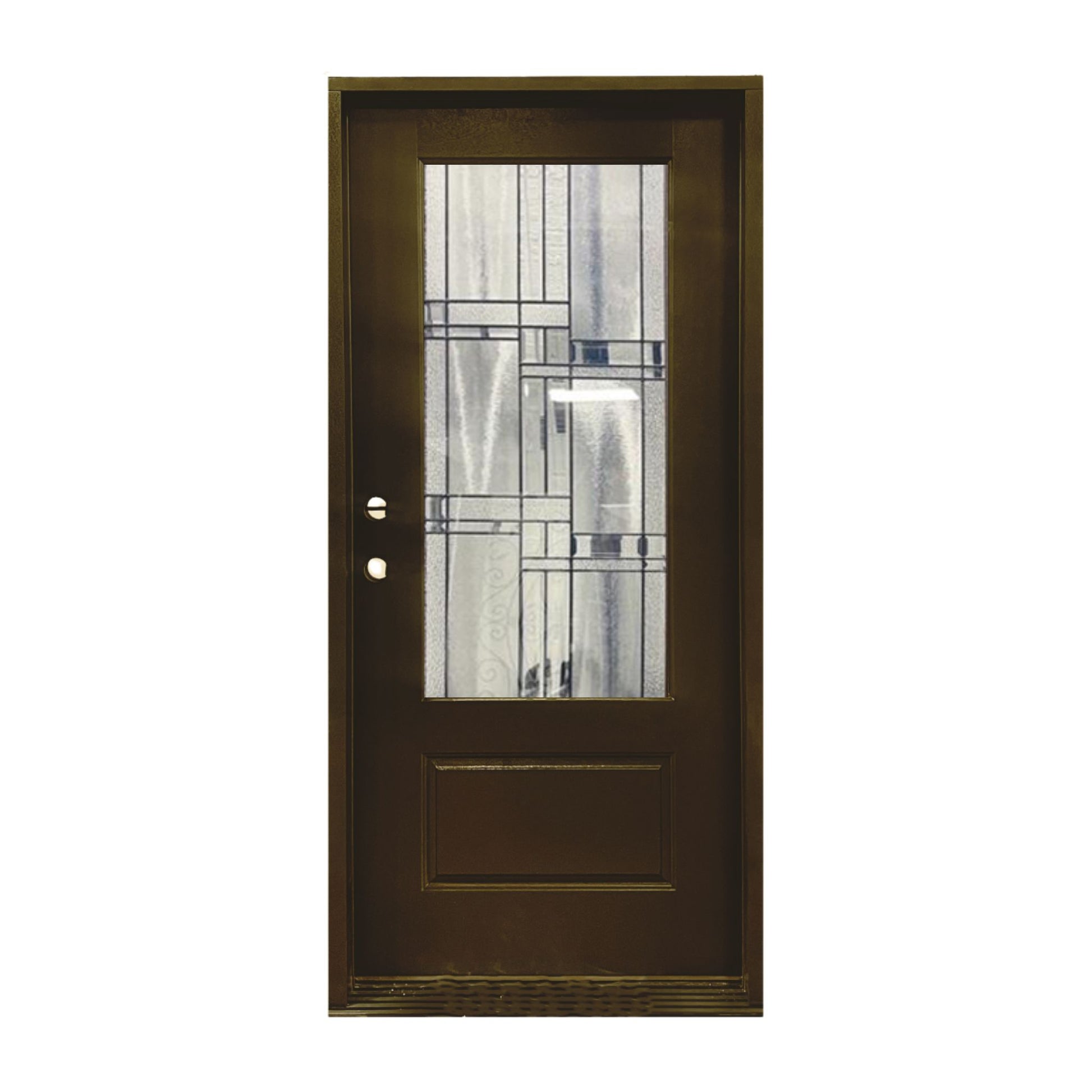 brilliance fiberglass single door, brown, decorative glass, 3/4 view