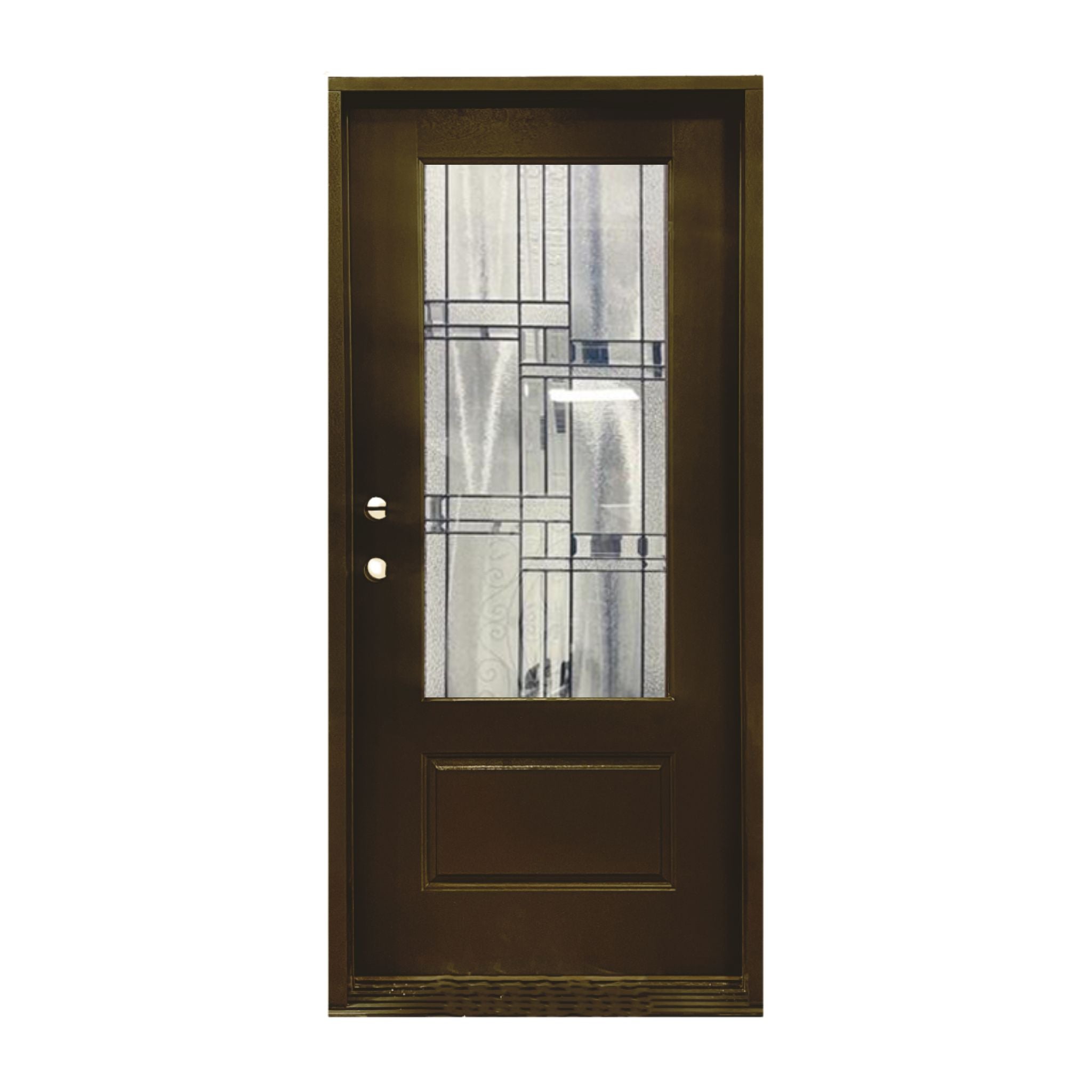 brilliance fiberglass single door, brown, decorative glass, 3/4 view