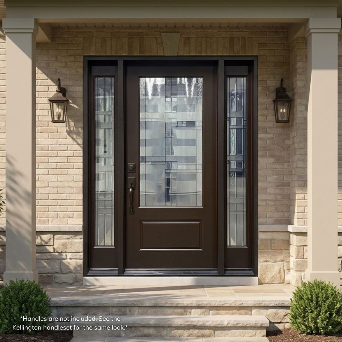 Brilliance fiberglass single entry door with sidelites in a dark walnut wood-grain finish, featuring a full-lite decorative glass panel with a modern geometric grid pattern, installed on a stone home.