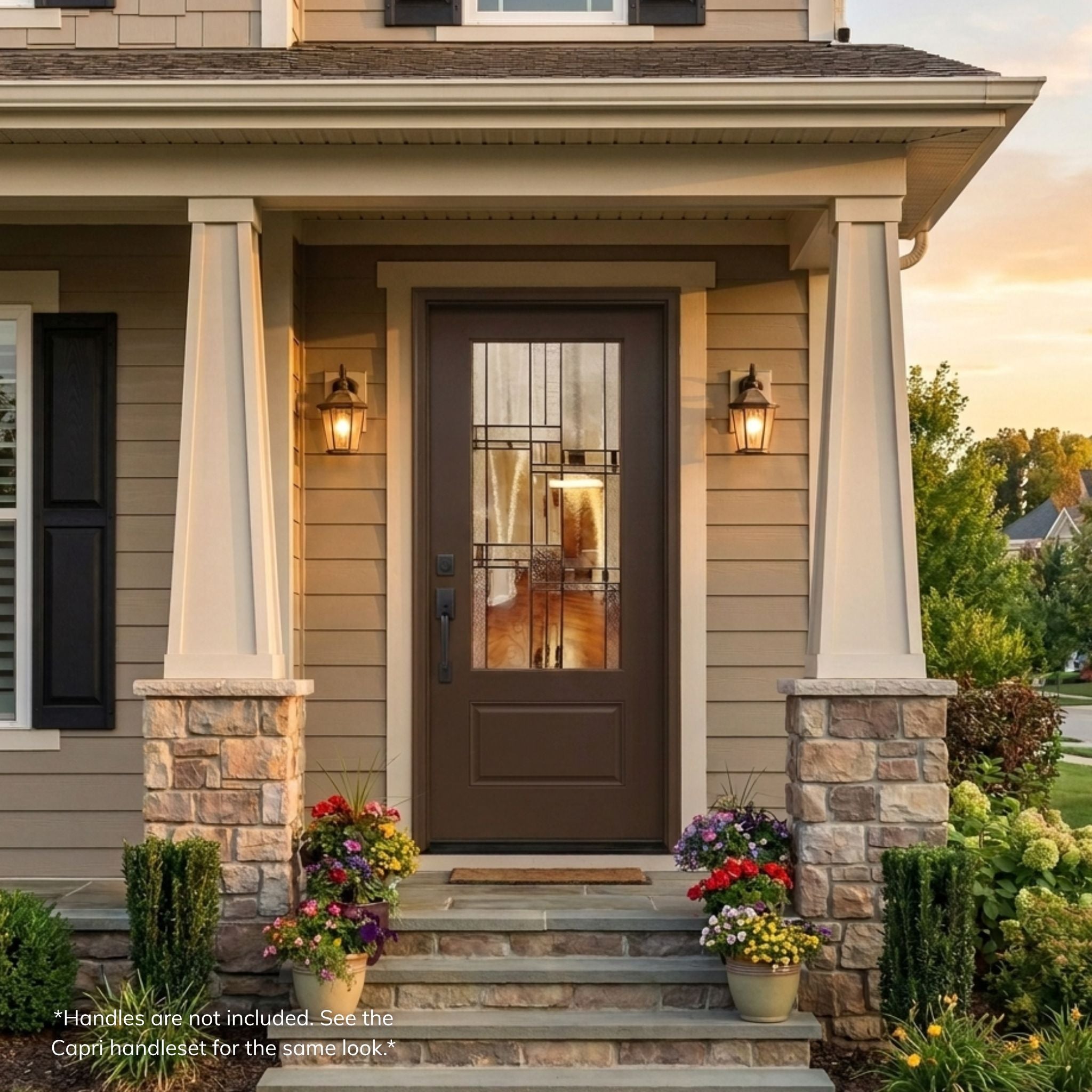 Brilliance fiberglass single entry door, dark wood grain finish with decorative geometric-patterned glass, installed on a craftsman-style home exterior with stone pillars and lantern sconces