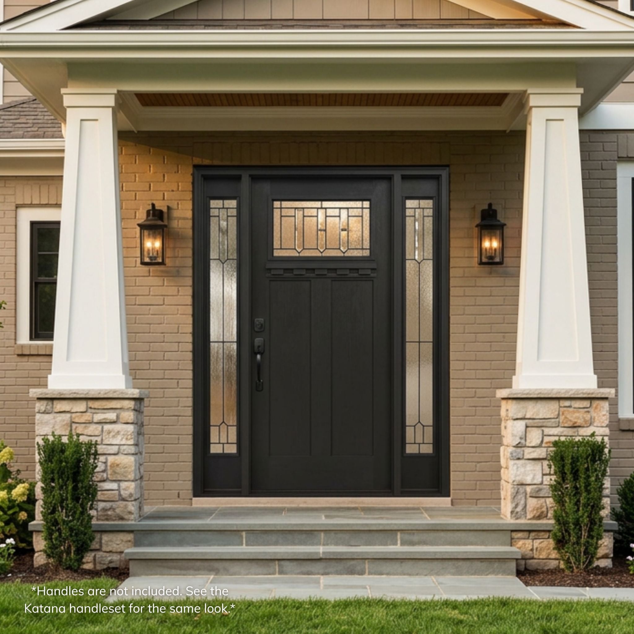 Bristol fiberglass entry door with sidelites, matte black finish, craftsman-style top window with decorative geometric glass, wood-panel bottom, installed on a brick and stone craftsman home exterior with lantern sconces