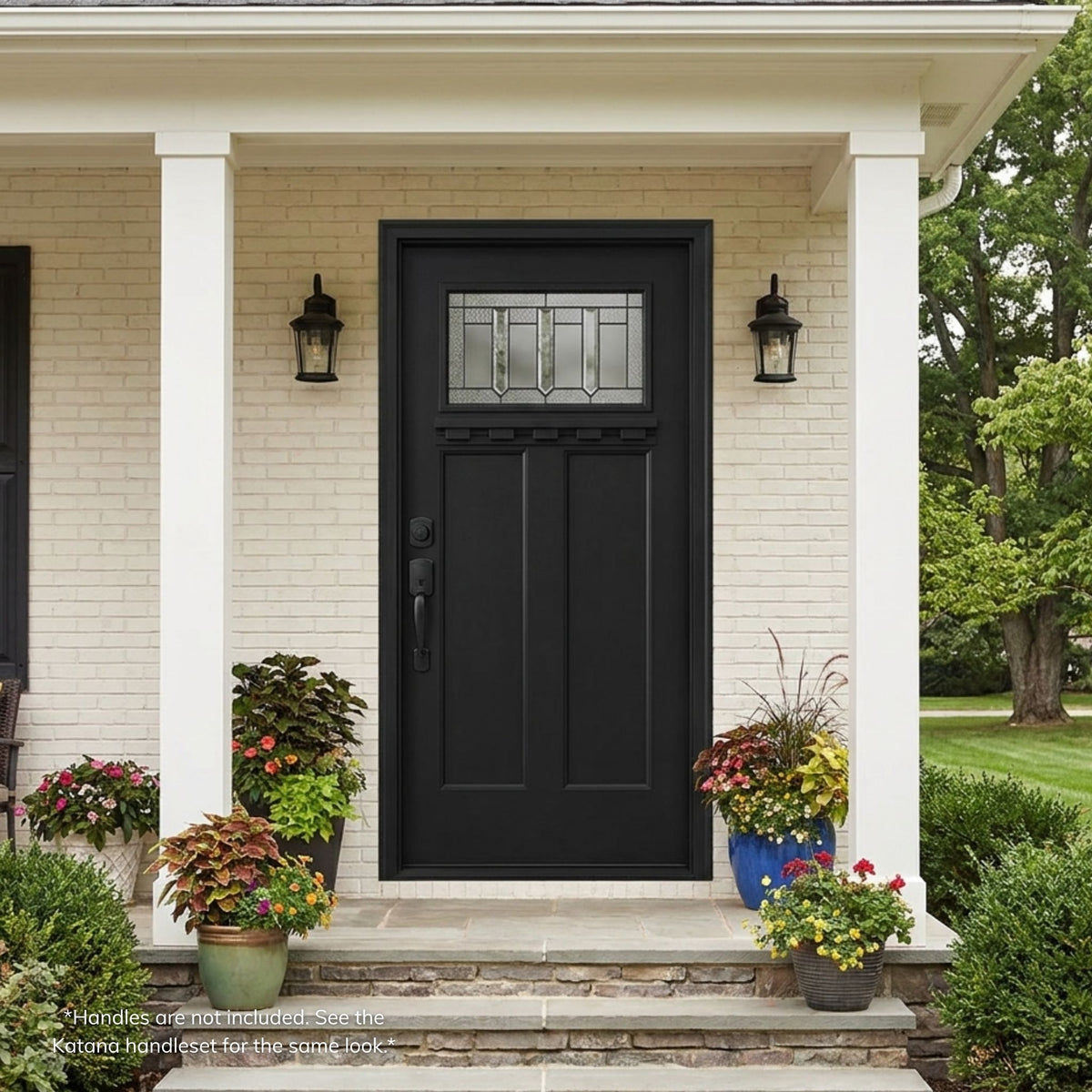 Bristol fiberglass single entry door in a matte black finish with a craftsman-style top panel featuring a small decorative geometric glass lite, installed on a brick home with white trim.