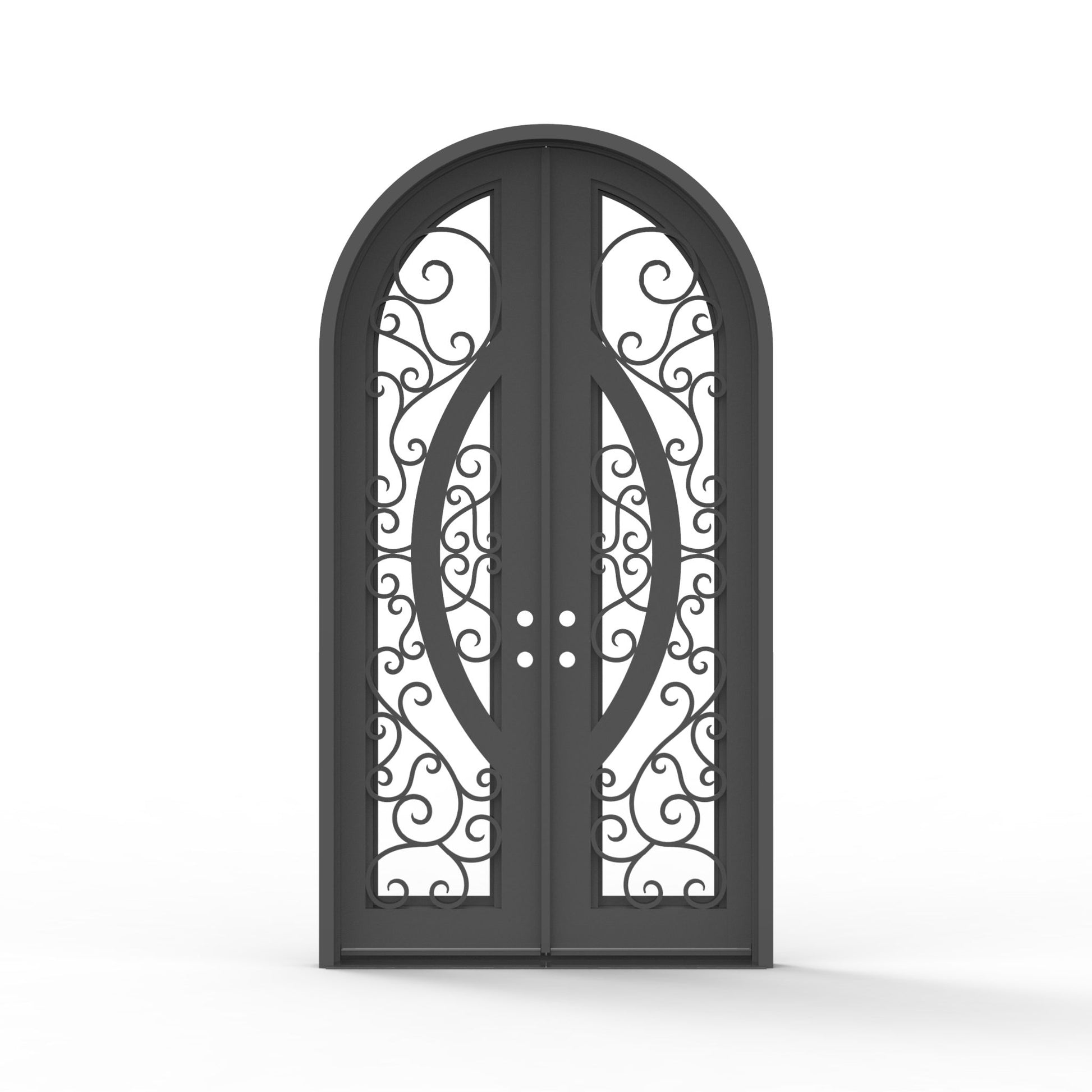 60.5 x 112.5 Brittany iron entry door with Low-E clear glass and black wrought iron scroll design