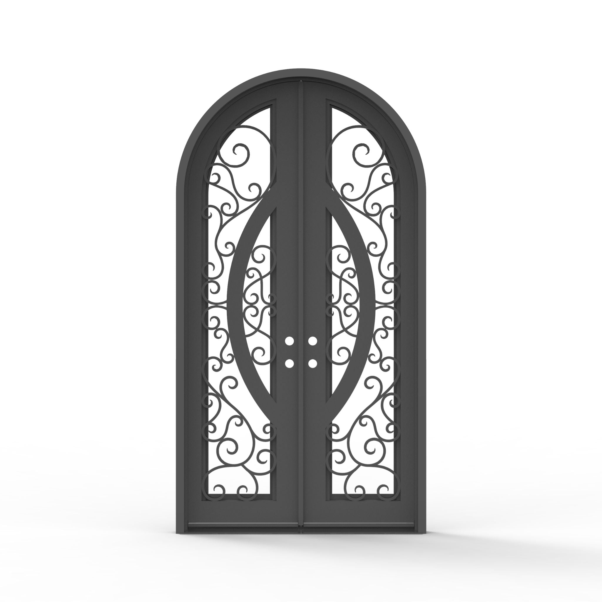 60.5 x 112.5 Brittany iron entry door with Low-E clear glass and black wrought iron scroll design