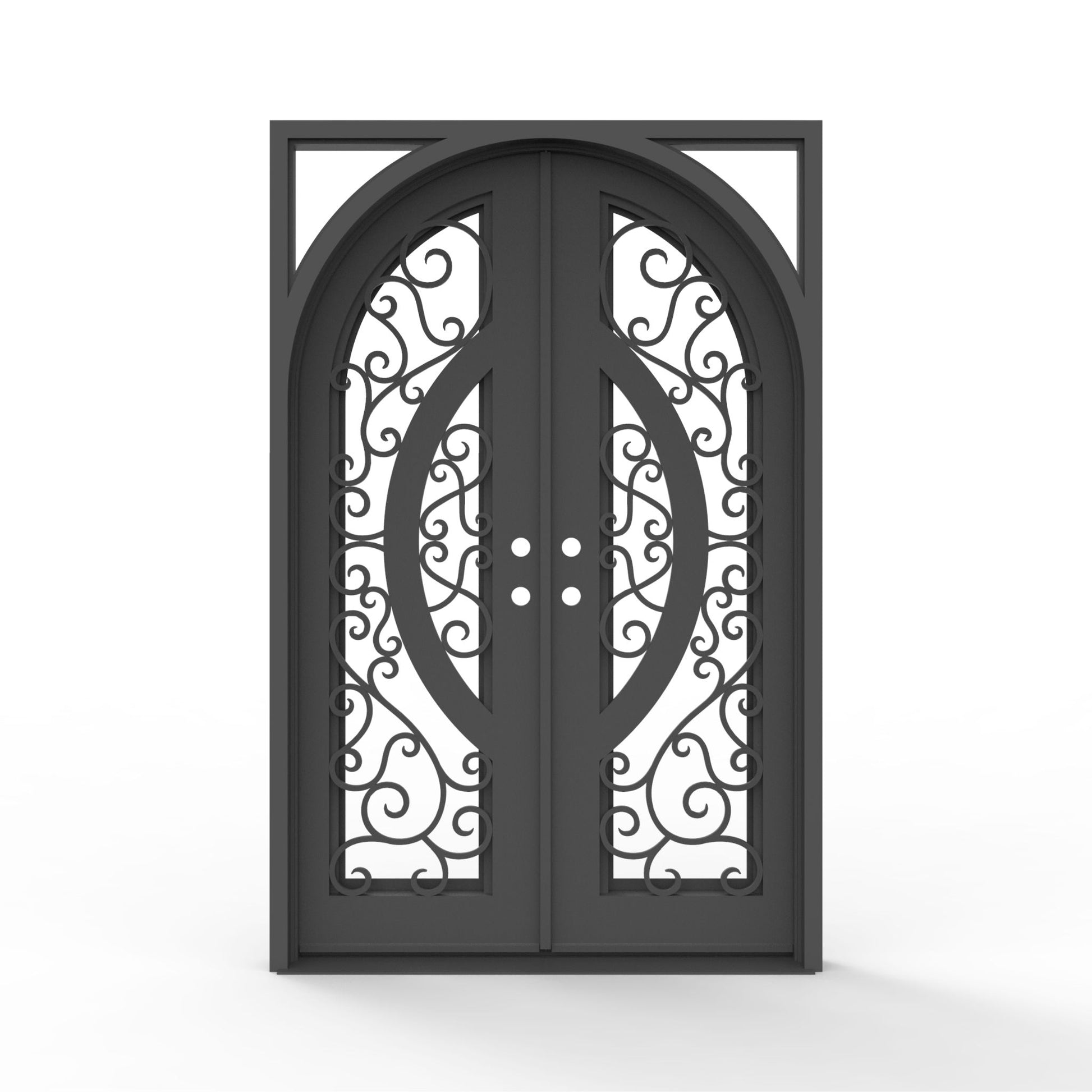 60.5 x 93.25 black Brittany wrought iron exterior door with Low-E clear glass and decorative scrollwork
