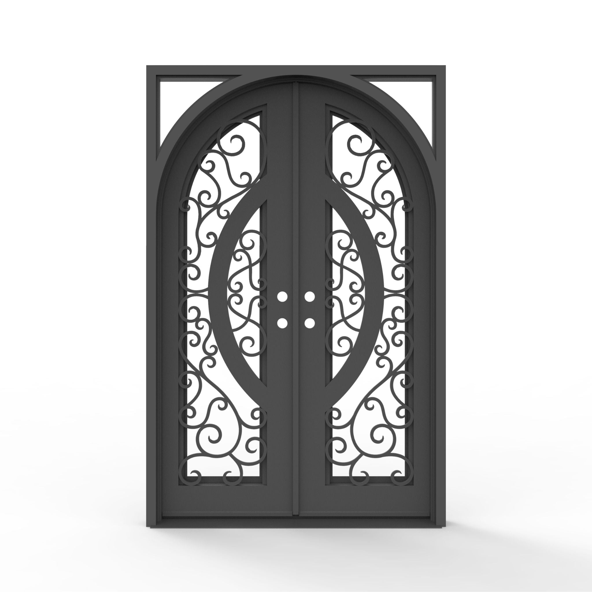 60.5 x 93.25 black Brittany wrought iron exterior door with Low-E clear glass and decorative scrollwork
