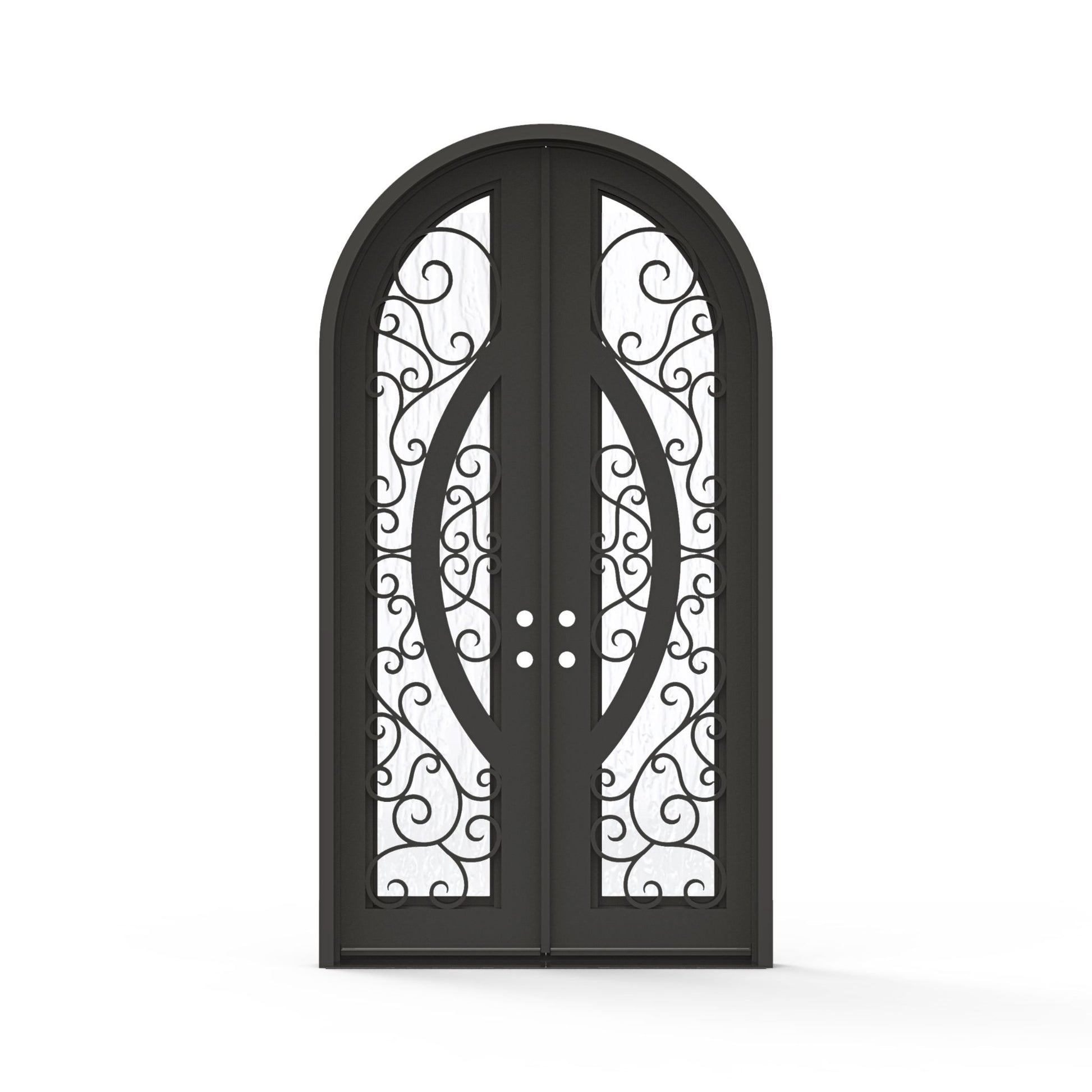 Brittany wrought iron double entry door, 60x112 inches, oil rubbed bronze finish with scrollwork glass grid panels and Flemish textured glass, inswing double door configuration