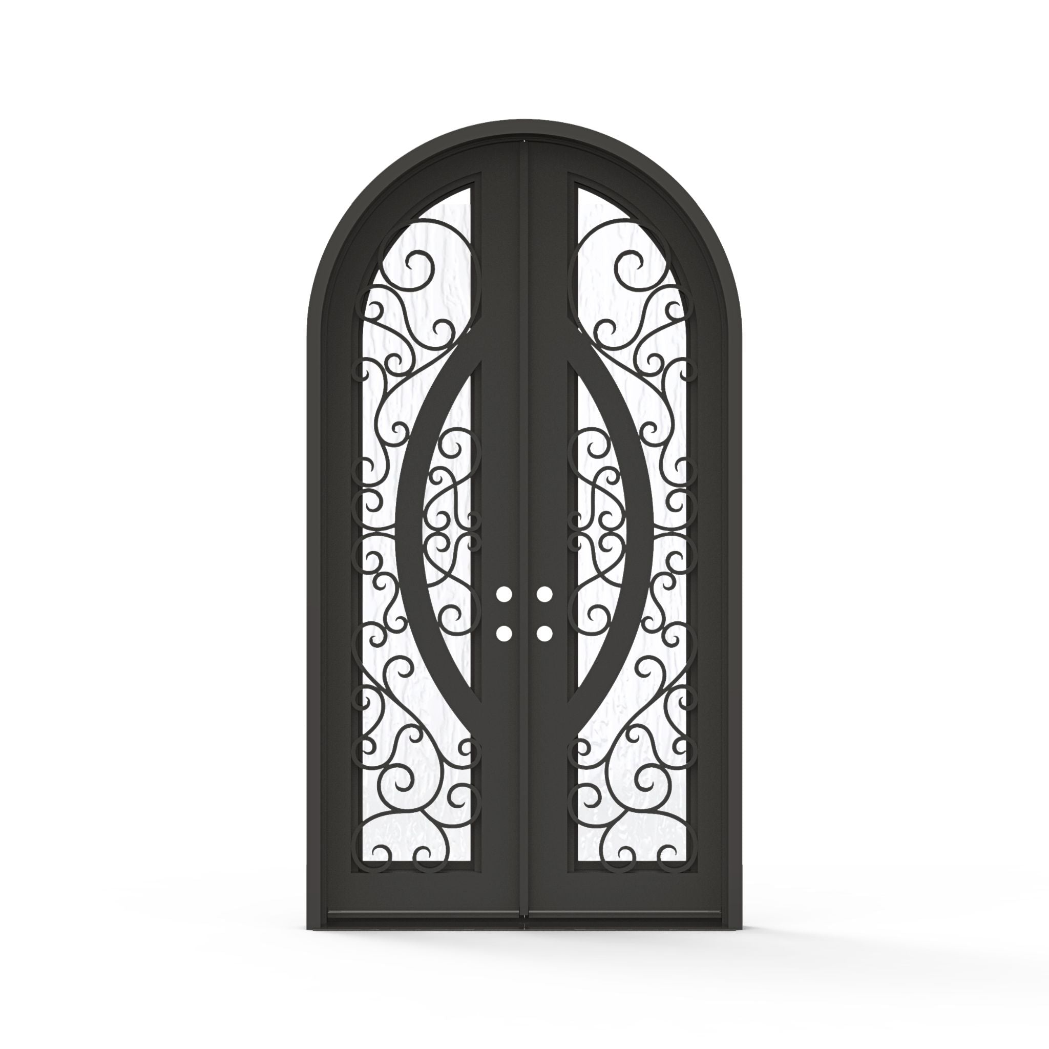 Brittany wrought iron double entry door, 60x112 inches, oil rubbed bronze finish with scrollwork glass grid panels and Flemish textured glass, inswing double door configuration