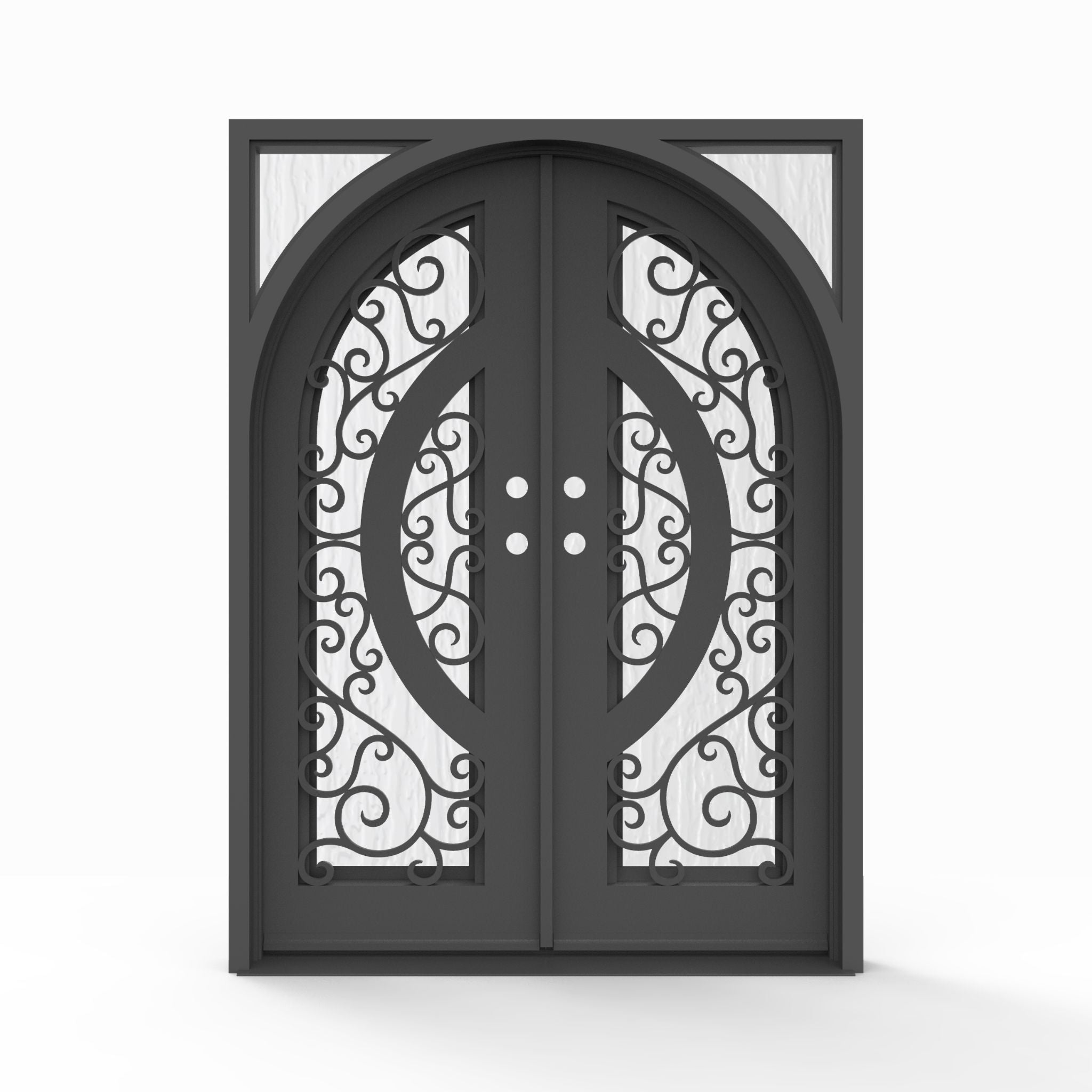 Brittany wrought iron double entry door, 60x80 inches, matte black finish with scrollwork glass grid panels and Flemish textured glass, left-hand inswing double door configuration, arched door leaf design