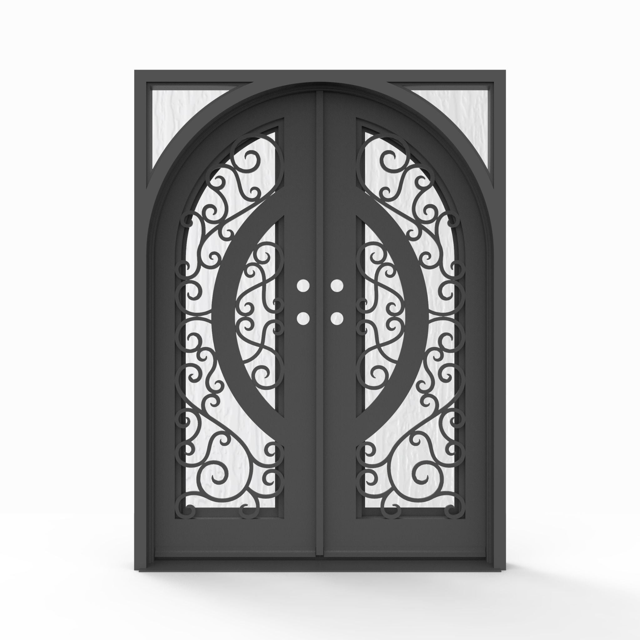 Brittany wrought iron double entry door, 60x80 inches, matte black finish with scrollwork glass grid panels and Flemish textured glass, right-hand inswing double door configuration
