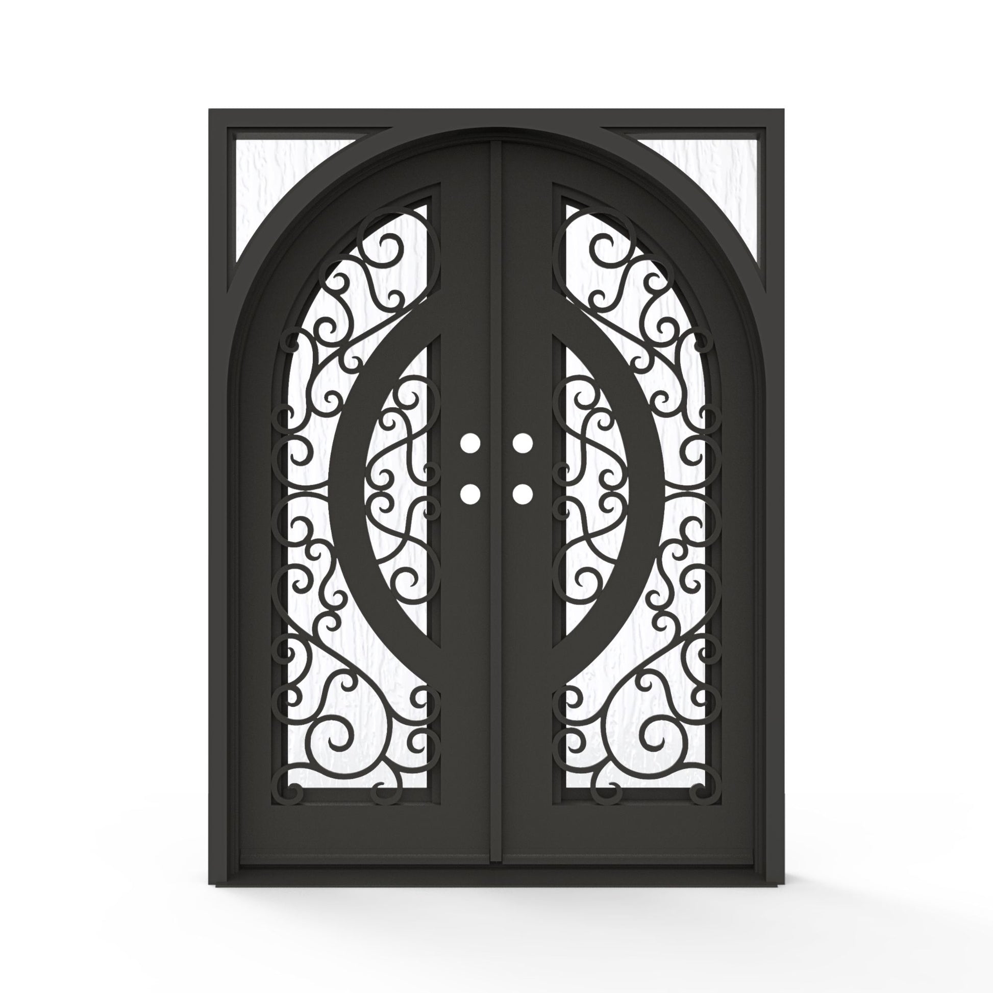 Brittany wrought iron double entry door, 72x80 inches, oil rubbed bronze finish with scrollwork glass grid panels and Flemish textured glass, inswing double door configuration