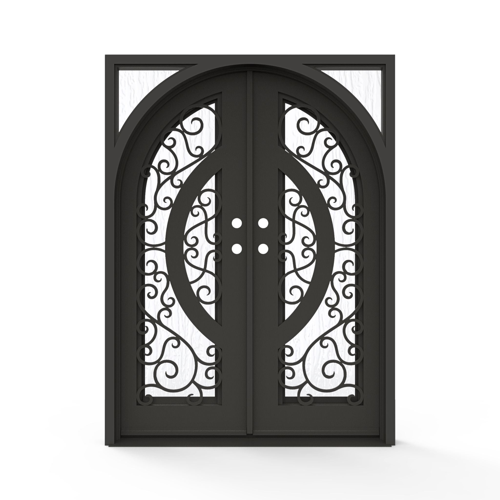 Brittany wrought iron double entry door, 72x80 inches, oil rubbed bronze finish with scrollwork glass grid panels and Flemish textured glass, inswing double door configuration