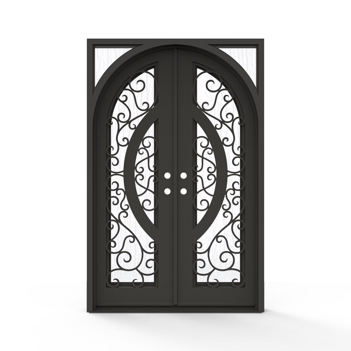 Brittany wrought iron double entry door, 60x92 inches, oil rubbed bronze finish with scrollwork glass grid panels and Flemish textured glass, left-hand inswing double door configuration