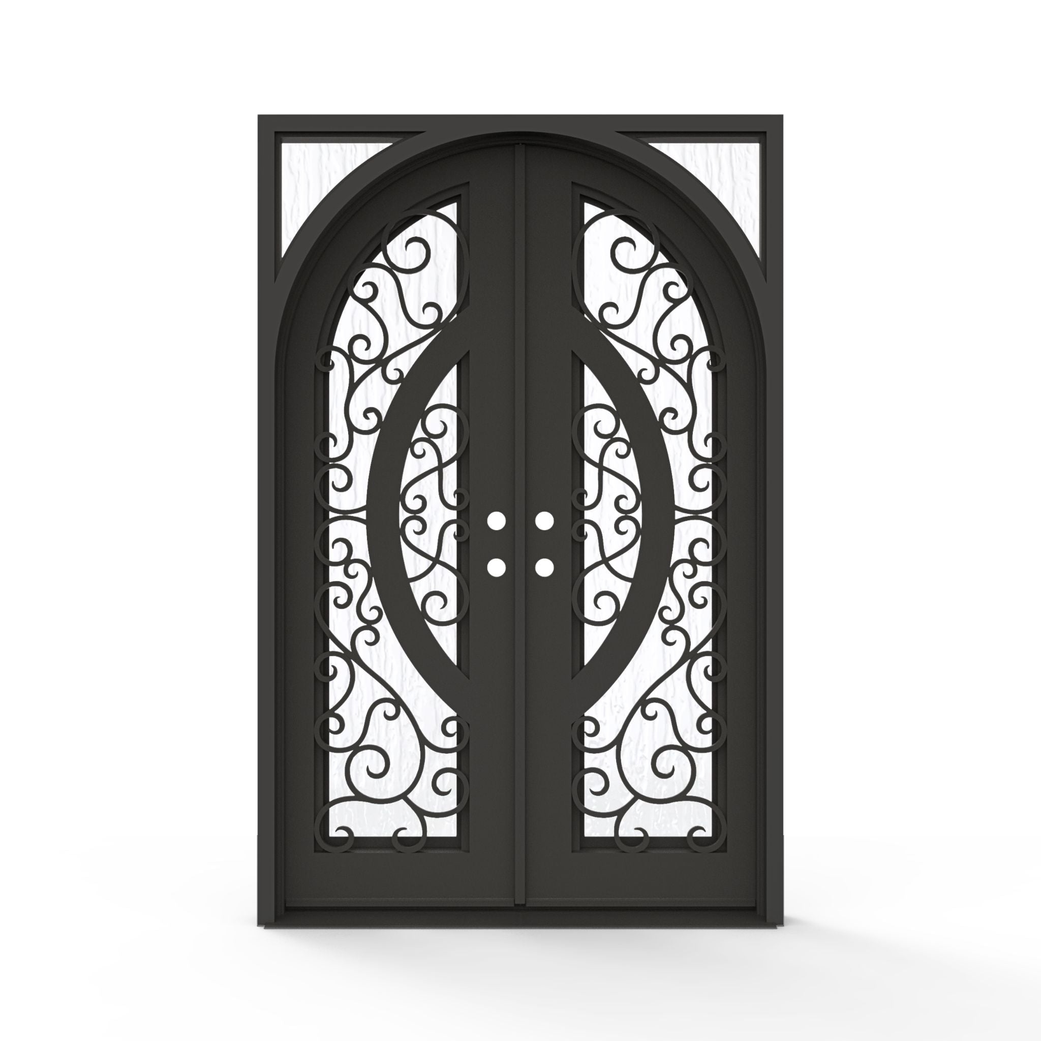 Brittany wrought iron double entry door, 60x92 inches, oil rubbed bronze finish with scrollwork glass grid panels and Flemish textured glass, left-hand inswing double door configuration