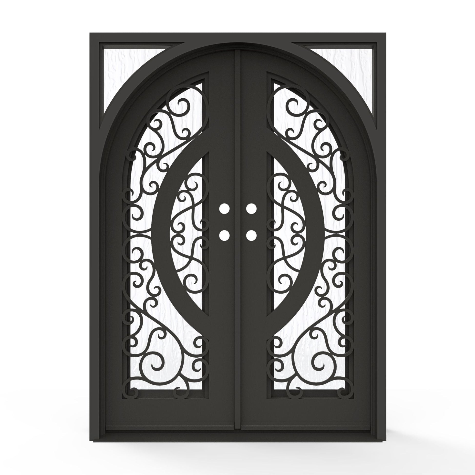 Brittany wrought iron double entry door, 72x96 inches, oil rubbed bronze finish with scrollwork glass grid panels and Flemish textured glass, inswing double door configuration