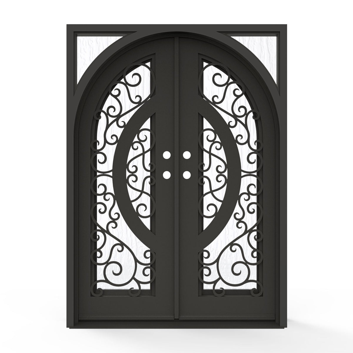 Brittany wrought iron double entry door, 72x96 inches, oil rubbed bronze finish with scrollwork glass grid panels and Flemish textured glass, inswing double door configuration