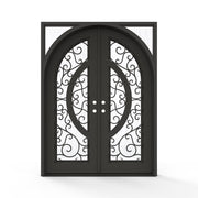 Brittany wrought iron double entry door, 60x80 inches, oil rubbed bronze finish with scrollwork glass grid panels and Flemish textured glass, left-hand inswing double door configuration, arched door leaf design