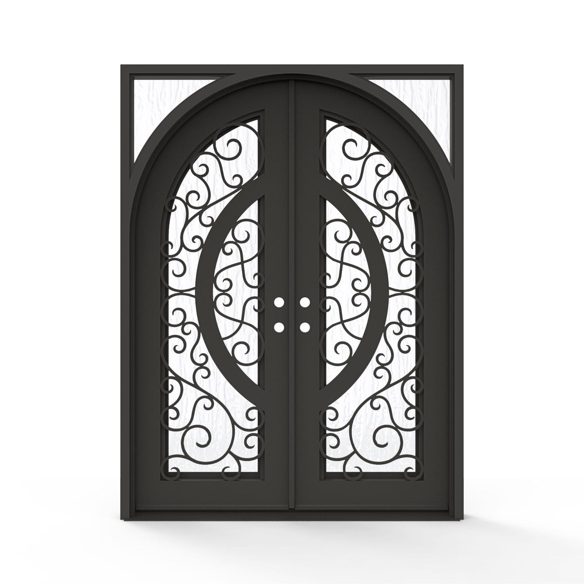 Brittany wrought iron double entry door, 60x80 inches, oil rubbed bronze finish with scrollwork glass grid panels and Flemish textured glass, left-hand inswing double door configuration, arched door leaf design