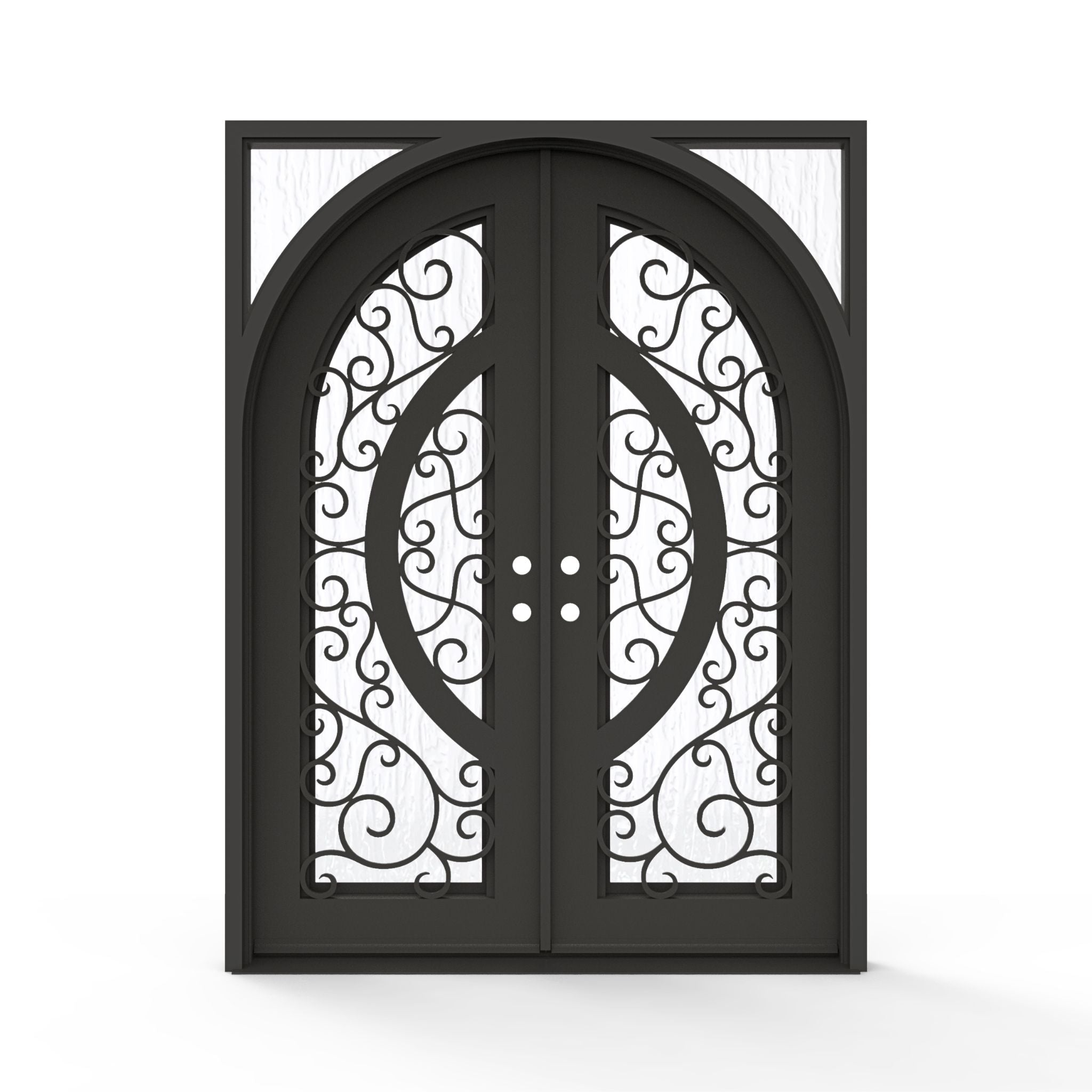 Brittany wrought iron double entry door, 60x80 inches, oil rubbed bronze finish with scrollwork glass grid panels and Flemish textured glass, left-hand inswing double door configuration, arched door leaf design