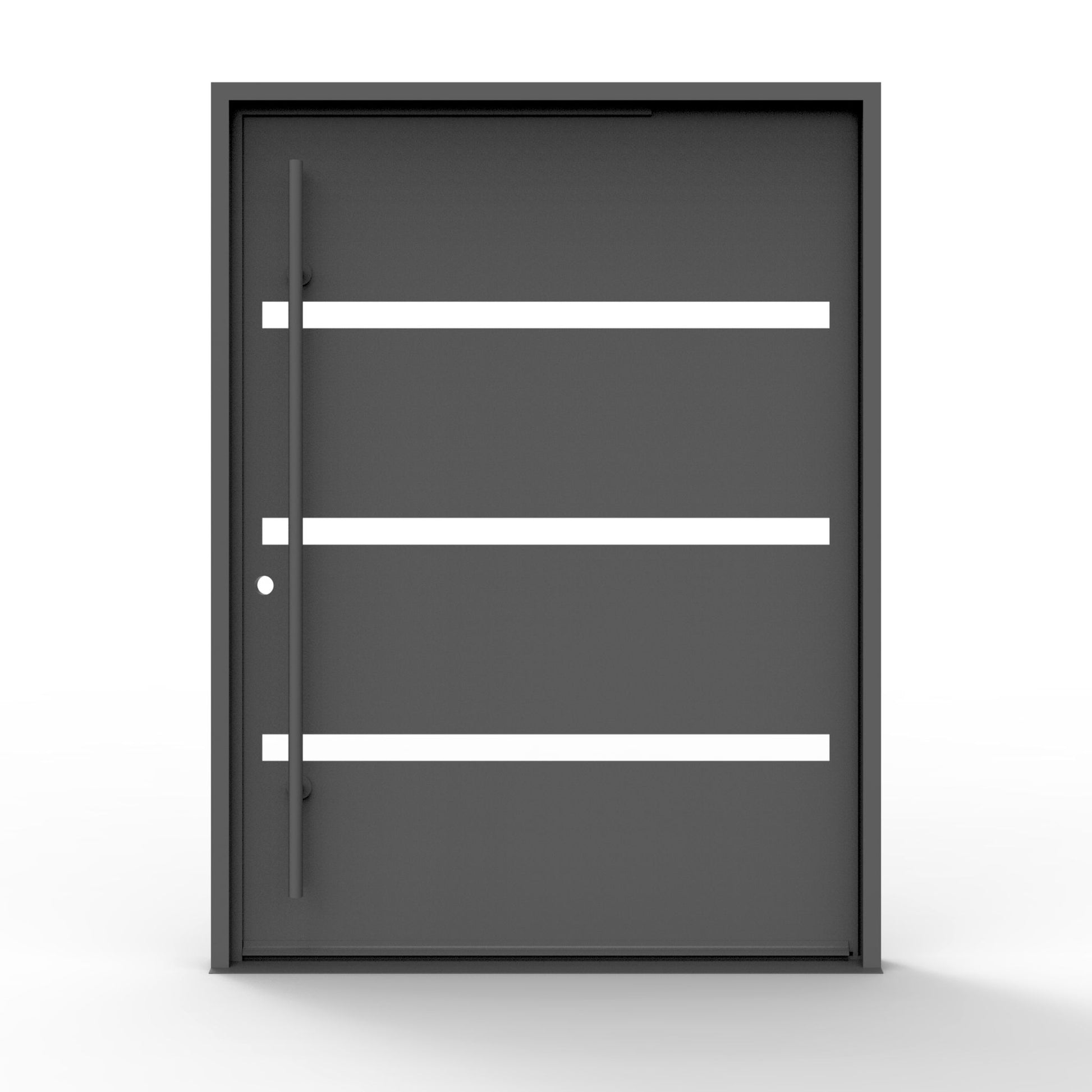 modern iron pivot, horizontal clear glass lites, matte black finish, front view, 72x96, right hand in-swing
