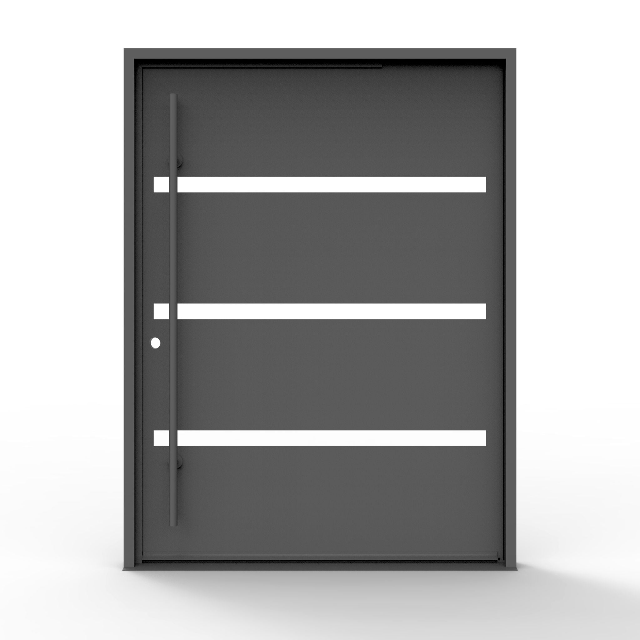 modern iron pivot, horizontal clear glass lites, matte black finish, front view, 72x96, right hand in-swing
