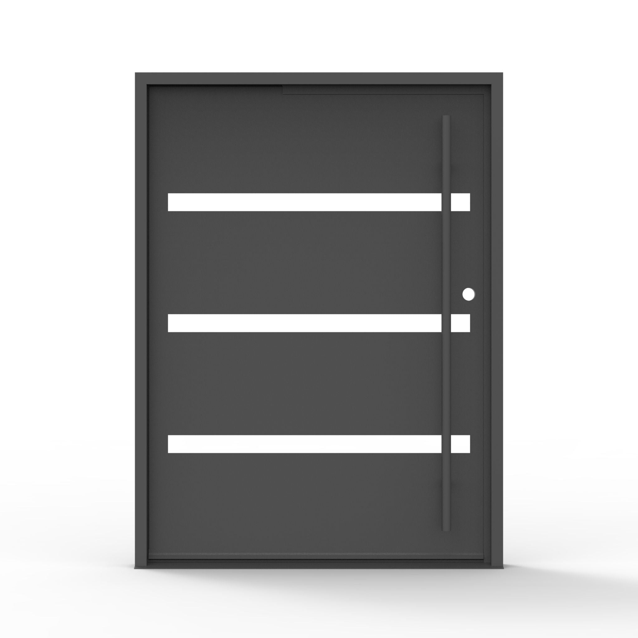 Camargo modern iron pivot door, clear horizontal glass, black finish