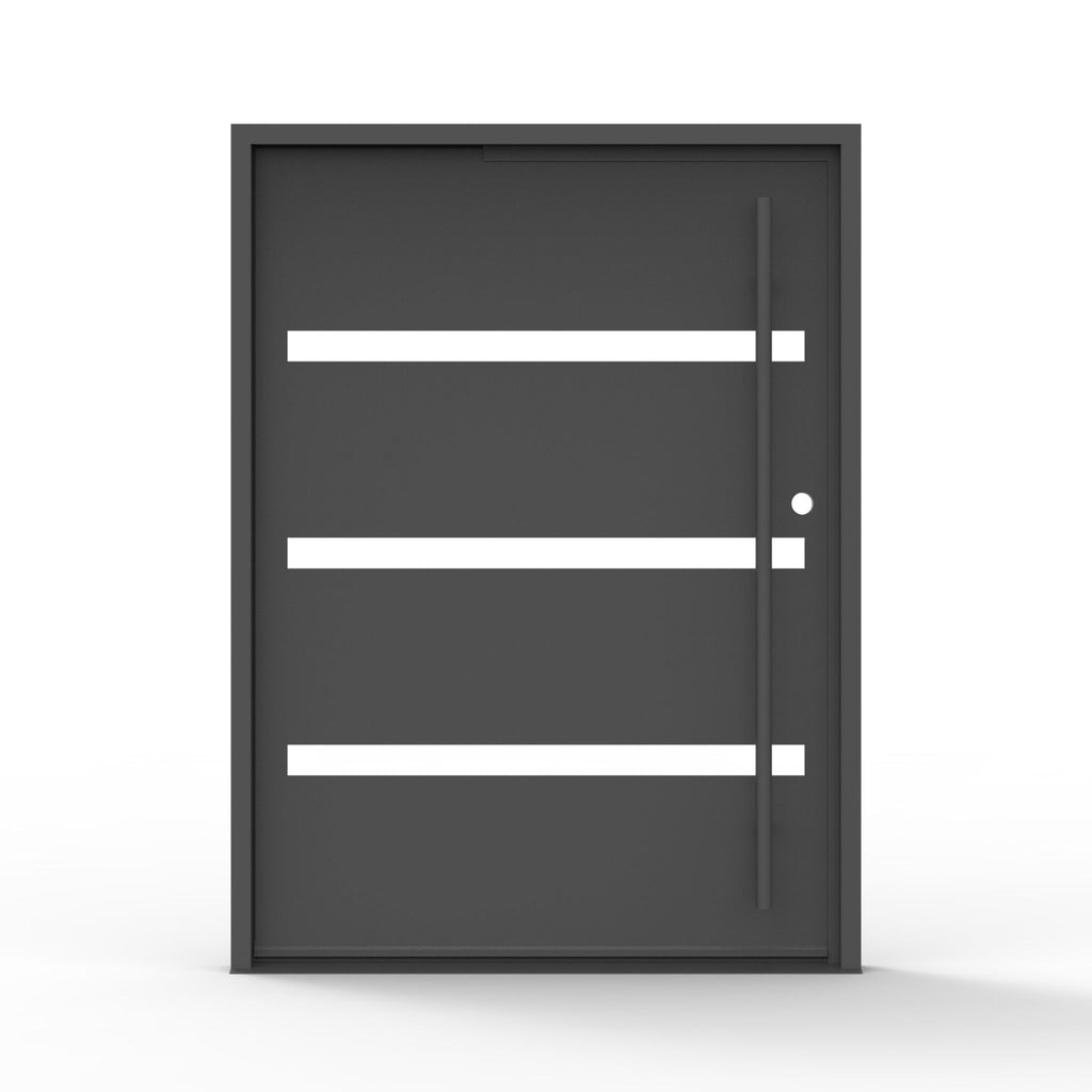 Camargo modern iron pivot door, clear horizontal glass, black finish