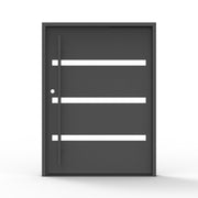 Camargo contemporary iron pivot entry door, clear horizontal glass design, black finish