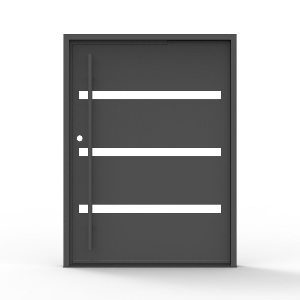 Camargo contemporary iron pivot entry door, clear horizontal glass design, black finish