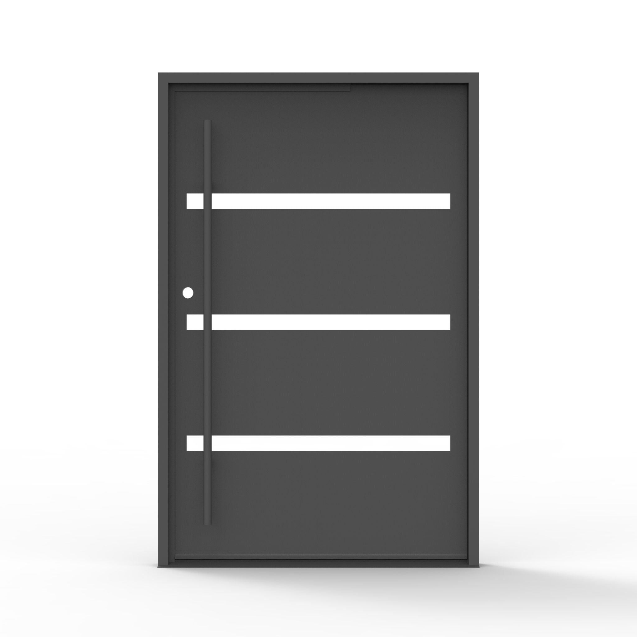 Camargo modern wrought iron pivot, clear glass, exterior door, black finish