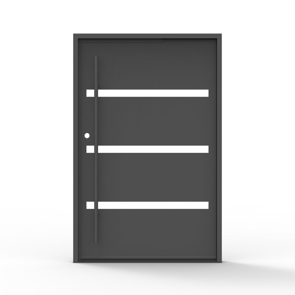 Camargo modern wrought iron pivot, clear glass, exterior door, black finish