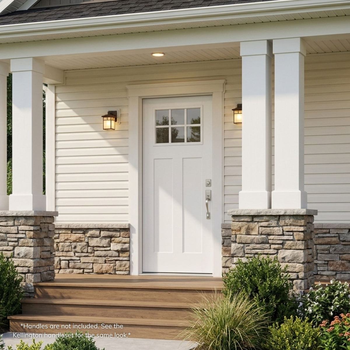 Fiberglass craftsman-style single entry door in a white finish with a 6-lite clear glass grille set into the upper panel, installed on a siding home with a wood deck entry.