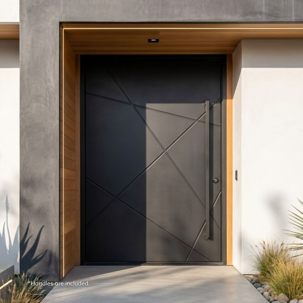 Estancia wrought iron pivot entry door in matte black finish with a geometric crisscross line pattern and vertical pull handle, installed in a wood-clad entry alcove with a concrete facade.