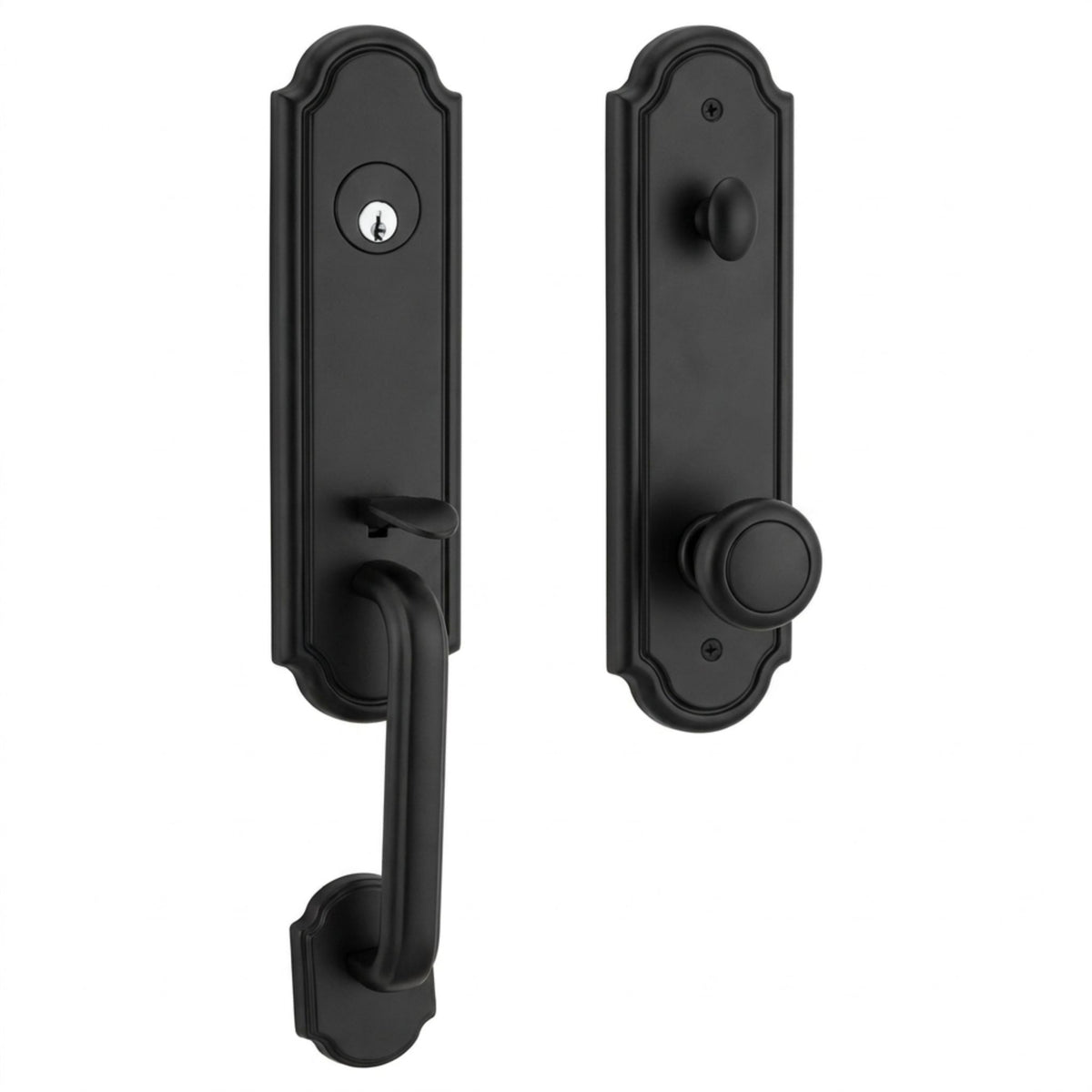 Estate handleset in matte black finish, active (keyed) function, shown from both interior and exterior sides with an arched backplate, keyed cylinder, thumb-latch grip handle, and round knob.